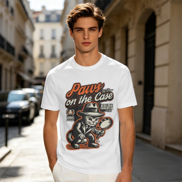 Olive t-shirt with detective cat 'Paws on the Case' graphic
