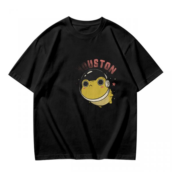 Olive green t-shirt with space frog graphic and Houston text