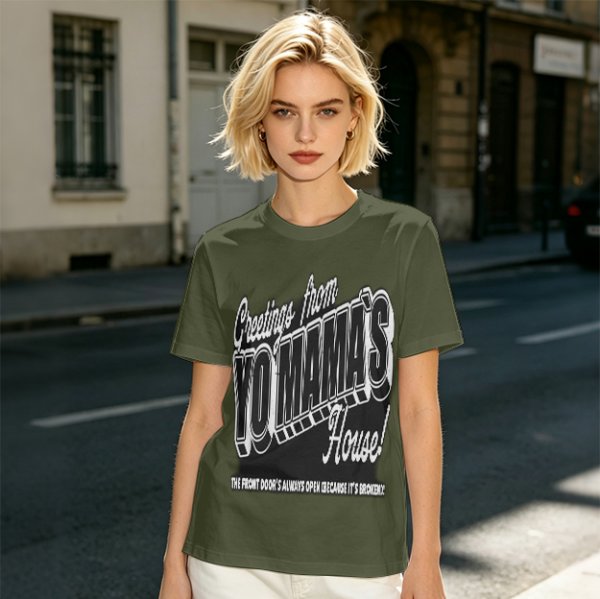 Olive green graphic t-shirt with 'Greetings from Yo Mama's House' print