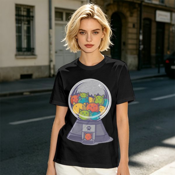 Olive T-Shirt With Cat Gumball Machine Artwork