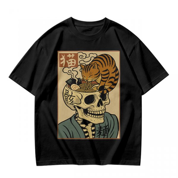 Olive t-shirt with a skull ramen bowl and a napping tabby cat print