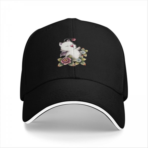 Black Baseball Cap With Cute Fantasy Creature And Floral Print