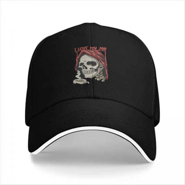 Black baseball cap with 'I Love My Job' grim reaper skull graphic