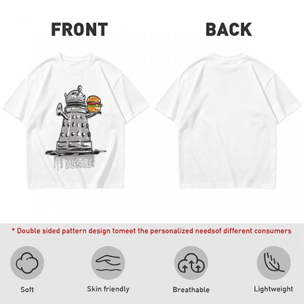 Olive t-shirt with Dalek holding burger and 'It's Dalektable' print