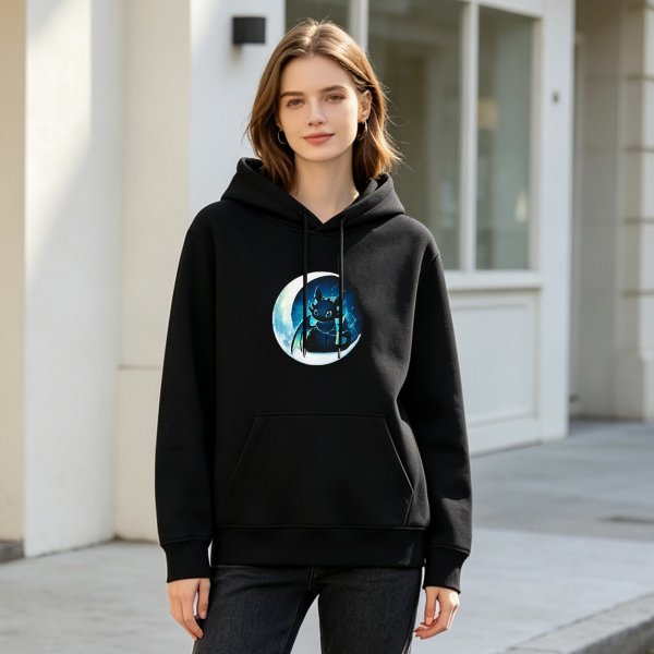Black Hoodie With Toothless Dragon On Crescent Moon Graphic