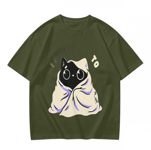 Olive T-shirt with Cute Black Cat Wrapped in Blanket Graphic
