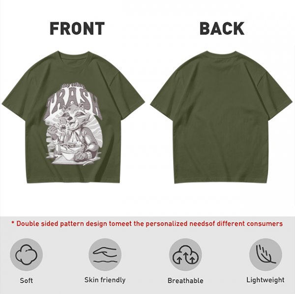 Olive graphic t-shirt with raccoon eating and 'Stop eating TRASH' print