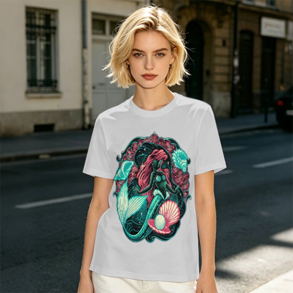 Olive T-Shirt With Mermaid And Seashell Graphic Print