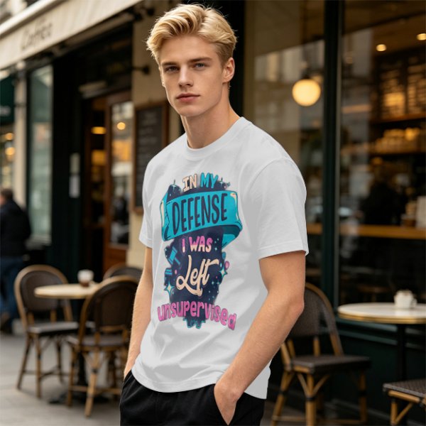 Olive t-shirt with 'In My Defense I Was Left Unsupervised' graphic