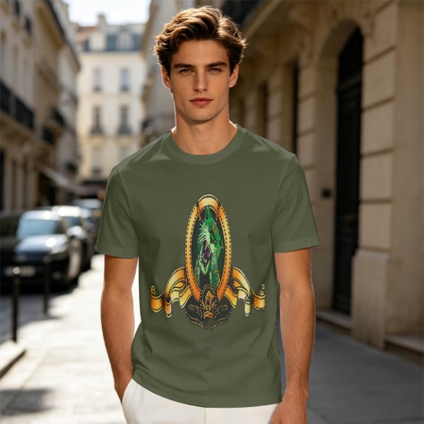 Olive Green T-Shirt With Ornate Golden Frame And Green Wolf Head Print