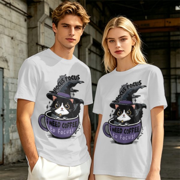 Olive t-shirt with witch cat in coffee cup 'Hocus Pocus I Need Coffee'