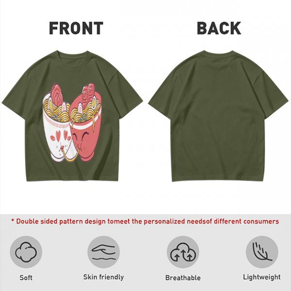 Olive T-Shirt With Cute Ramen Cups In Love Graphic