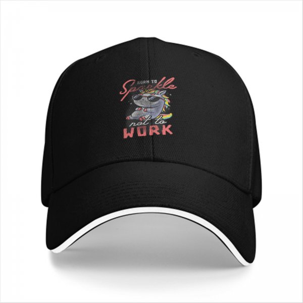Black baseball cap with 'Born to Sparkle not to Work' cool unicorn print