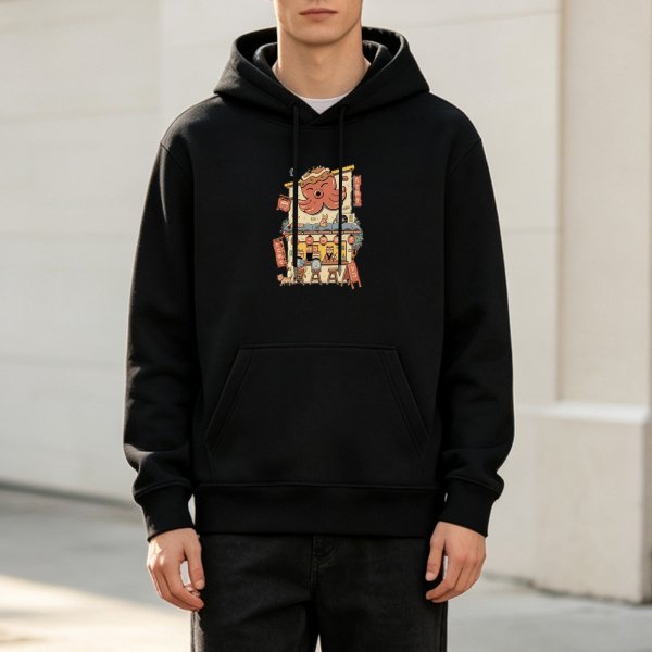 Black Hoodie With Octopus Themed Two Story Shop Graphic