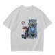 Olive T-Shirt With Whimsical Blue Cat And Mushroom Figure Print