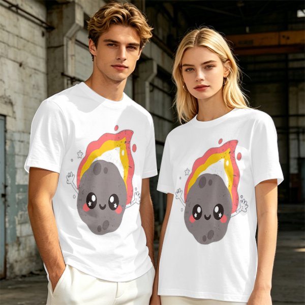 Olive green t-shirt with cute cartoon flaming asteroid graphic