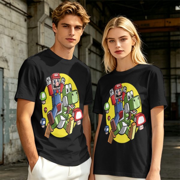 Olive T-shirt with Block Style Mario Riding Yoshi and Mushroom Graphics
