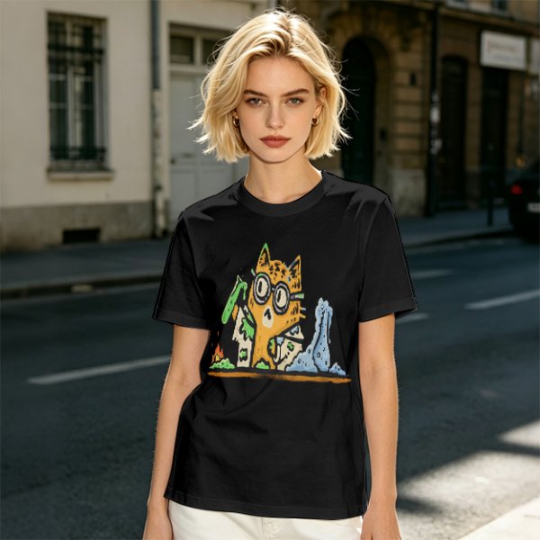 Olive T-Shirt With Mad Scientist Cat Chemistry Lab Print