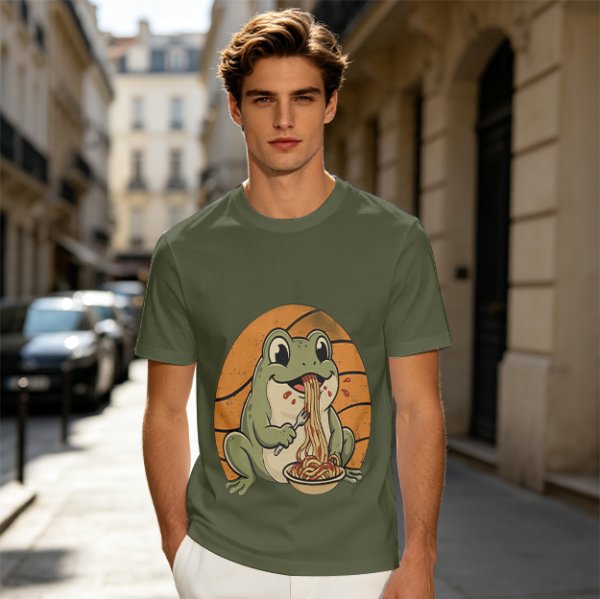 Olive Green T-Shirt Featuring a Frog Eating Spaghetti Graphic