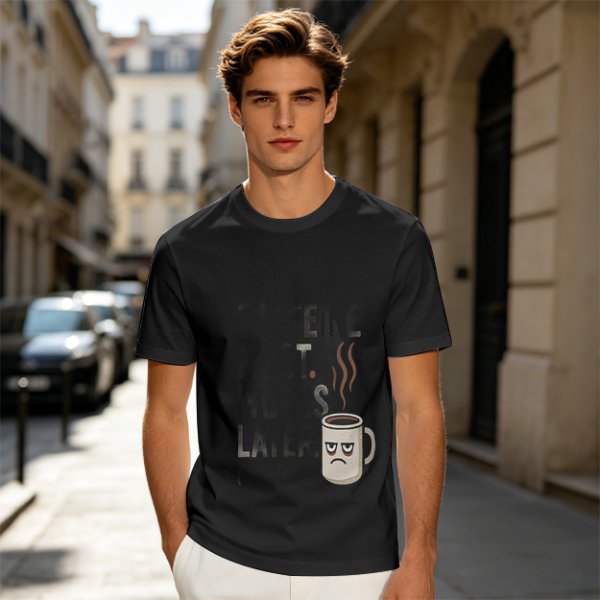 Olive t-shirt with 'Caffeine First Words Later' grumpy coffee mug print