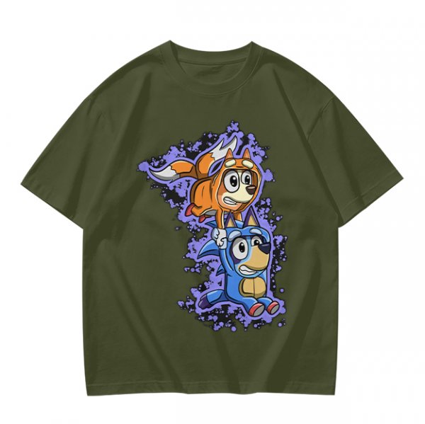 Olive green t-shirt with cartoon characters in cosplay graphic
