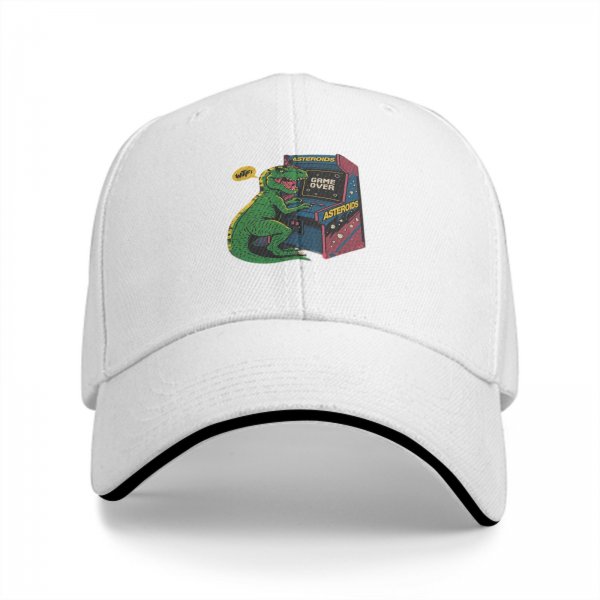 Black Baseball Cap with T-Rex Playing Asteroids Arcade Game Over Print