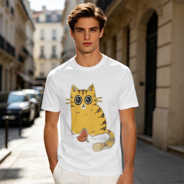 Olive T-Shirt With Cute Surprised Orange Tabby Cat Holding Meat Print