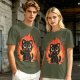 Olive T-Shirt With Cute Black Cat Thumbs Up On Flames Graphic