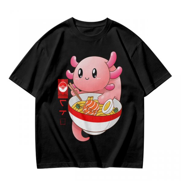 Olive T-Shirt Featuring a Cute Pink Axolotl Eating Ramen