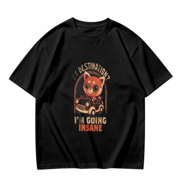 Olive T-Shirt With Red Panda Driving Car 'Destination? I'm Going Insane' Print