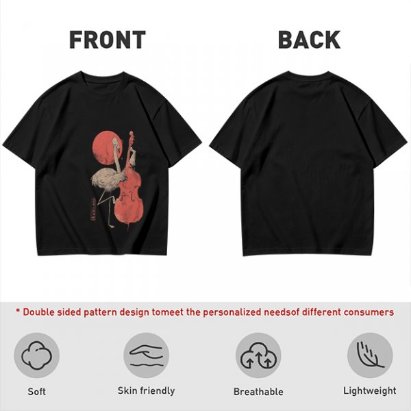 Olive T-Shirt With Crane Playing Cello Red Moon Art Print