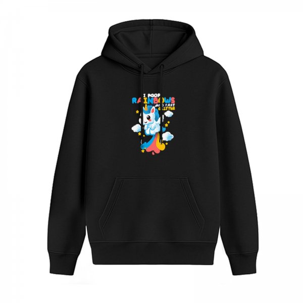 Black hoodie with cute unicorn pooping rainbows and glitter print