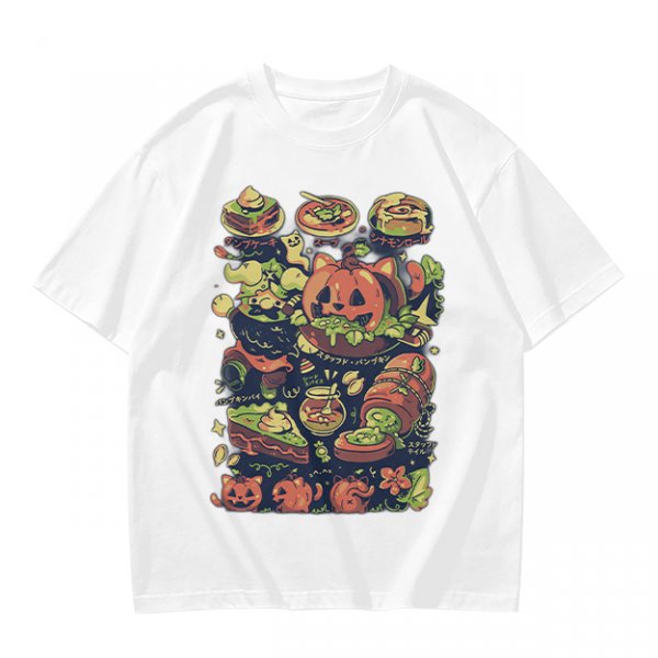 Olive T-Shirt With Halloween Themed Food And Pumpkin Cat Print