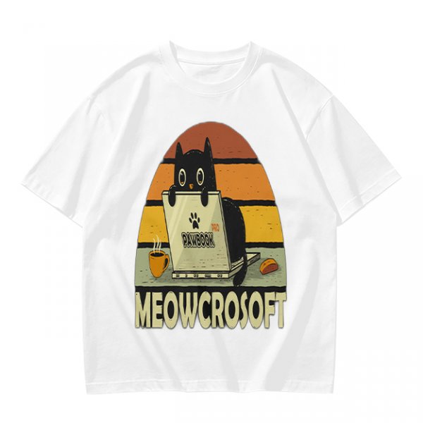 Olive t-shirt with black cat using laptop and Meowcrosoft text