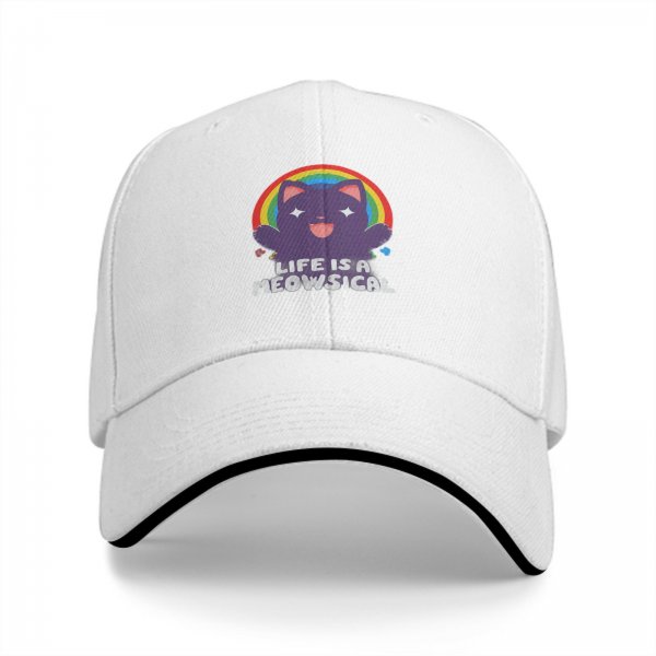 Black baseball cap with cheerful purple cat rainbow and Life is a Meowsical text