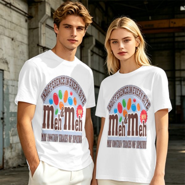 Meh and Meh novelty graphic t-shirt with indifference themed print