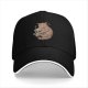 Black baseball cap with orange cat hugging skull and crescent moon print