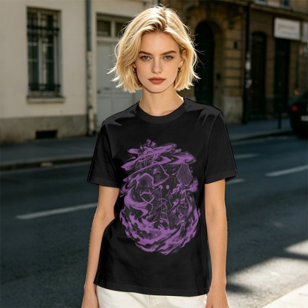 Olive Green T-Shirt with Purple Abstract Swirling Graphic Print