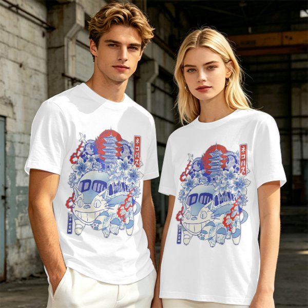 Olive green t-shirt with cat bus and Japanese traditional art print