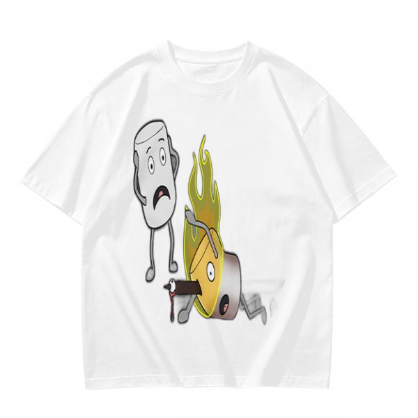 Olive T-Shirt With Cartoon Marshmallow and Burning Character Print