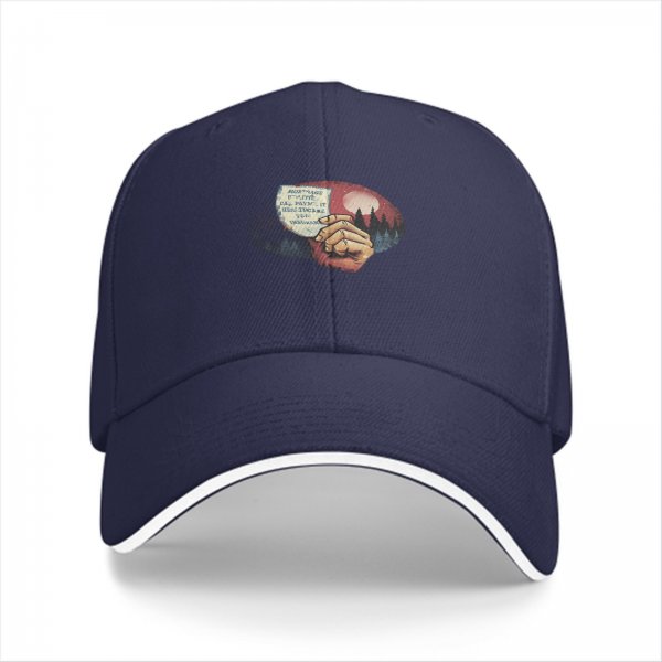 Black baseball cap with hand holding paper over red moon forest print