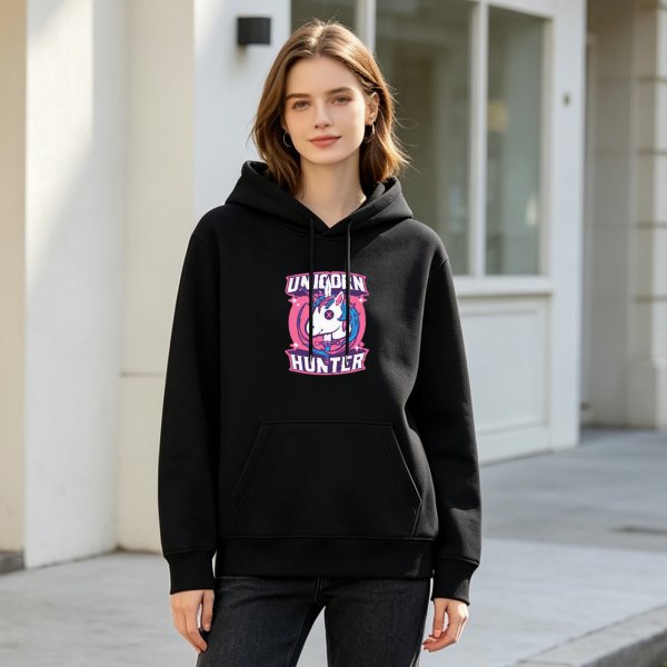 Black hoodie with Unicorn Hunter graphic print