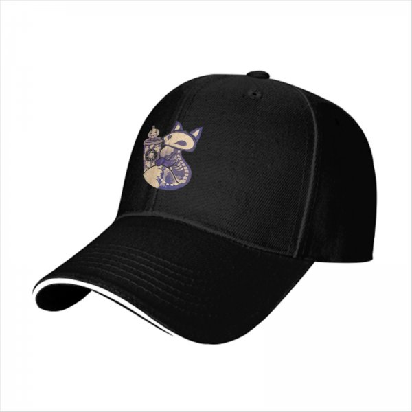 Black baseball cap with spooky fox and pumpkin coffee cup print