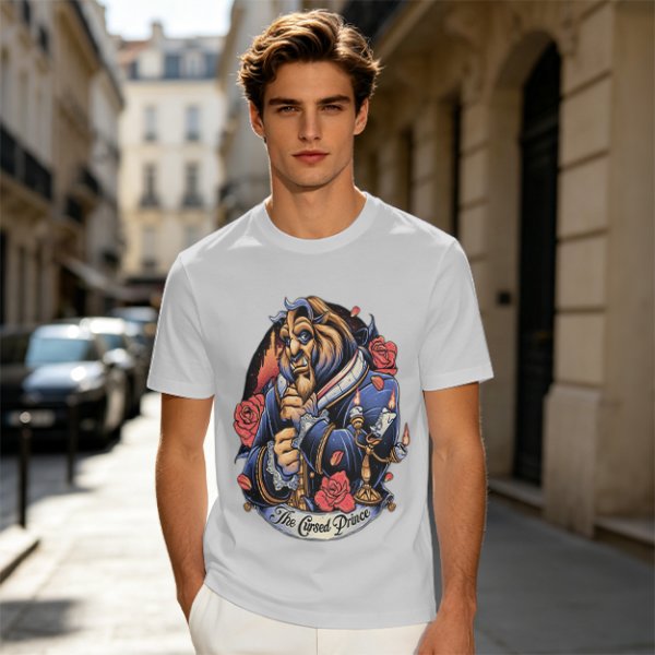 Olive T-shirt featuring The Cursed Prince Beast with roses and candelabra
