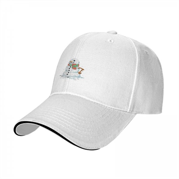 Black baseball cap with a melting snowman graphic for winter style