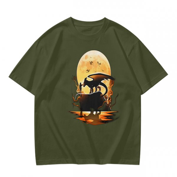 Olive T-Shirt With Dragon Silhouette Full Moon Graphic Print