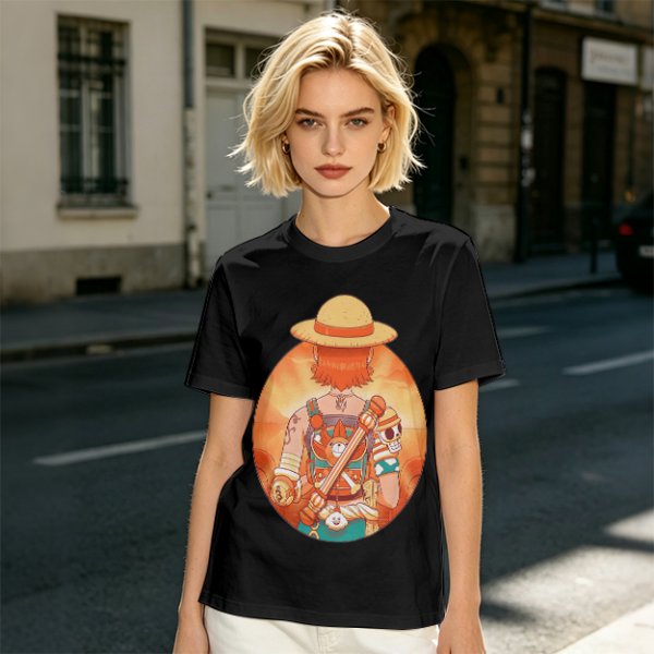 Olive T-Shirt Featuring Anime Character With Straw Hat Back View