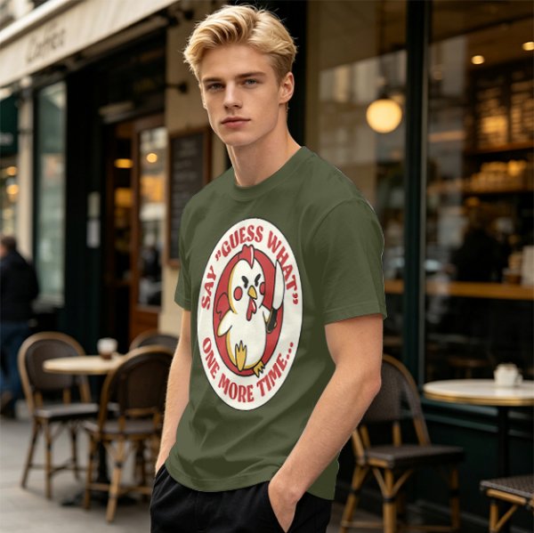 Olive t-shirt with angry chicken holding knife and funny text design