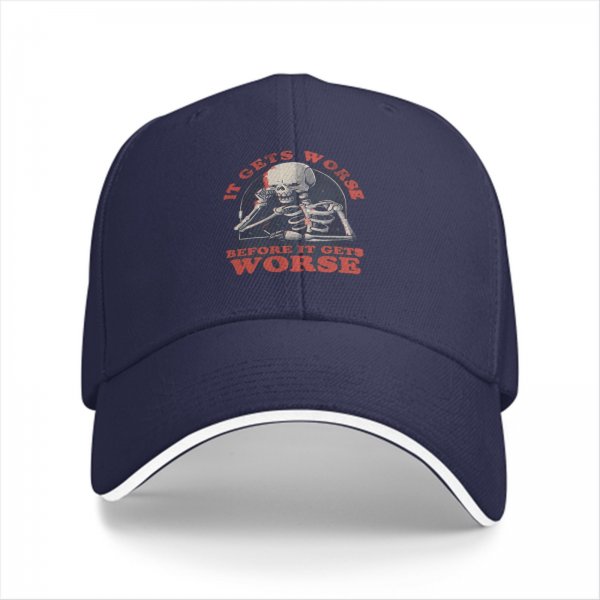 Black baseball cap with 'It Gets Worse Before It Gets Worse' skeleton graphic