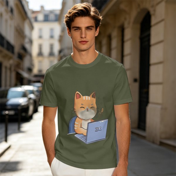 Olive T-Shirt With Cute Orange Cat Working On Laptop Print